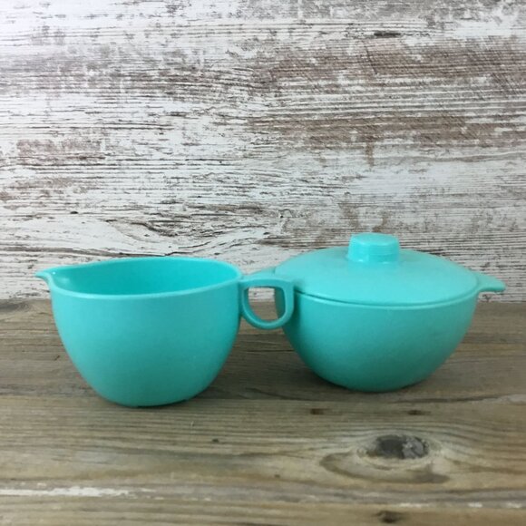 Vintage Lustro-Ware Turquoise Creamer & Sugar Bowl with Lid – Plastic USA MCM - Picture 3 of 8